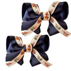 Set of 2 Girls Hair Bows Large Blue Fall Handmade Festive